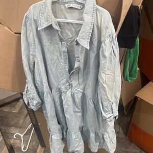 Zara Pale Blue Tiered Denim Shirt Dress